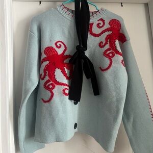 Octopus Design Cardigan  - Light Blue and Red